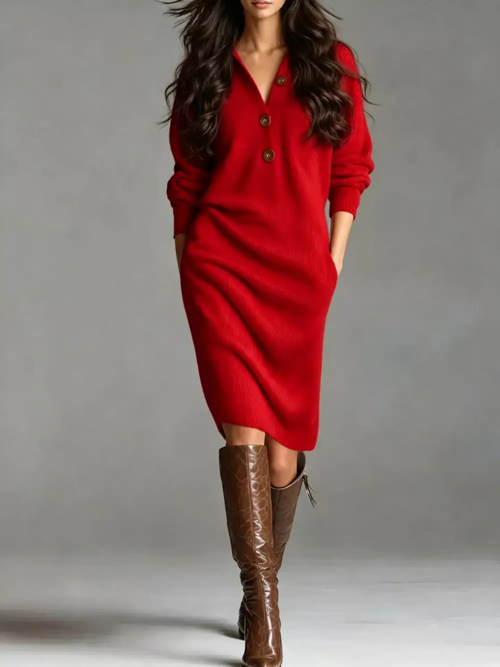 V-Neck Sweater Knit Pocketed Dress