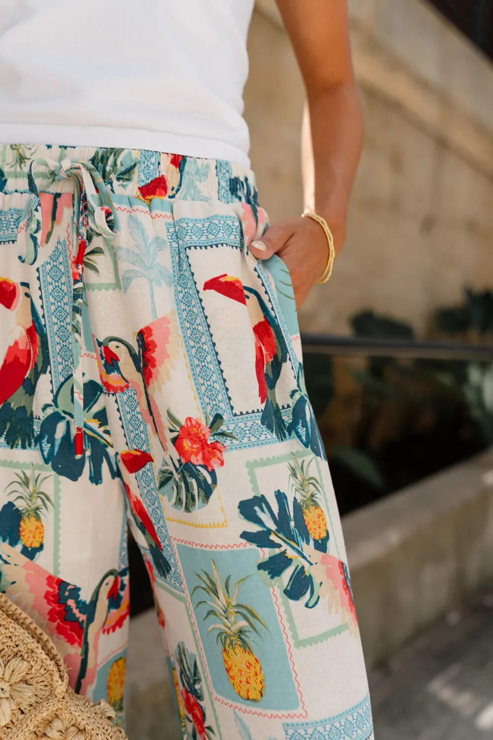 Drawstring Bird Print Wide Leg Pants