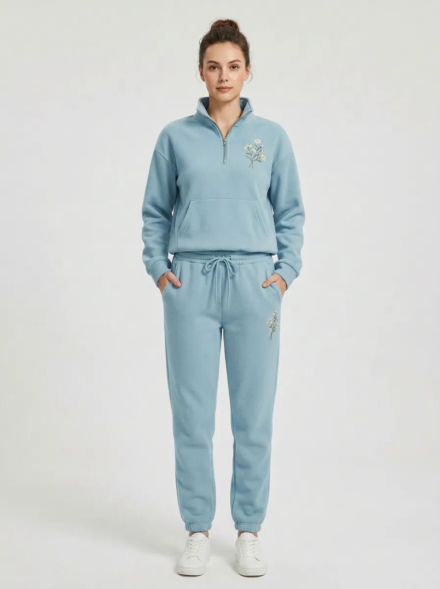 Women's Floral Embroidered Quarter-Zip Lounge Set