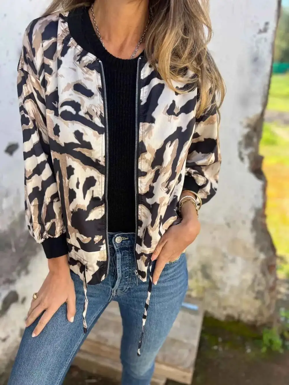 Plus Size Zip-Up Zebra Printed Bomber Jacket