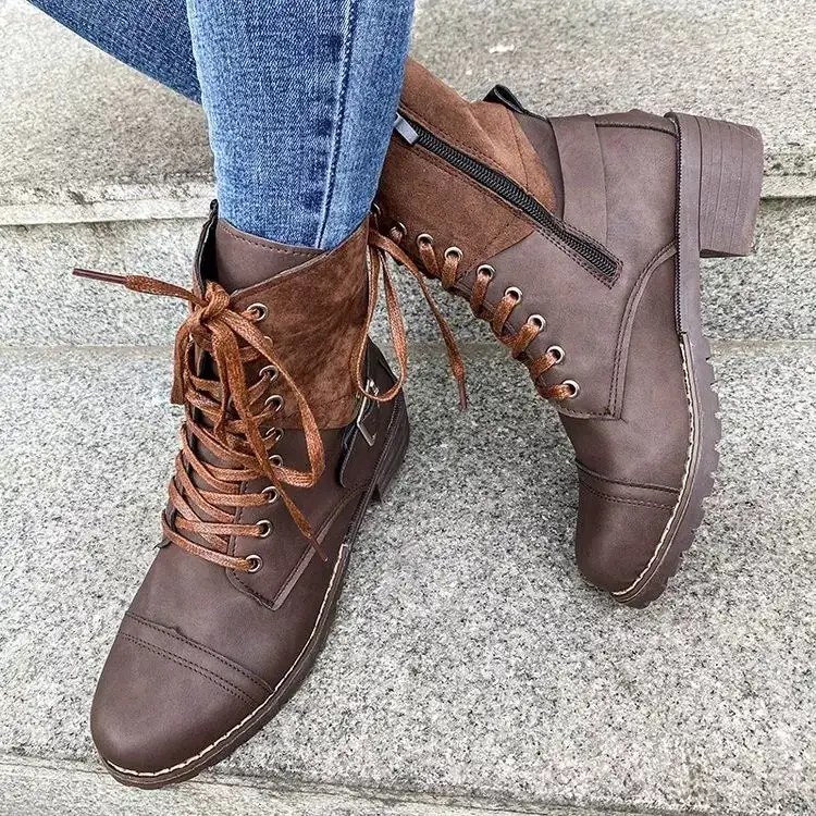 Relaxed Lace Up Block Heels Boots