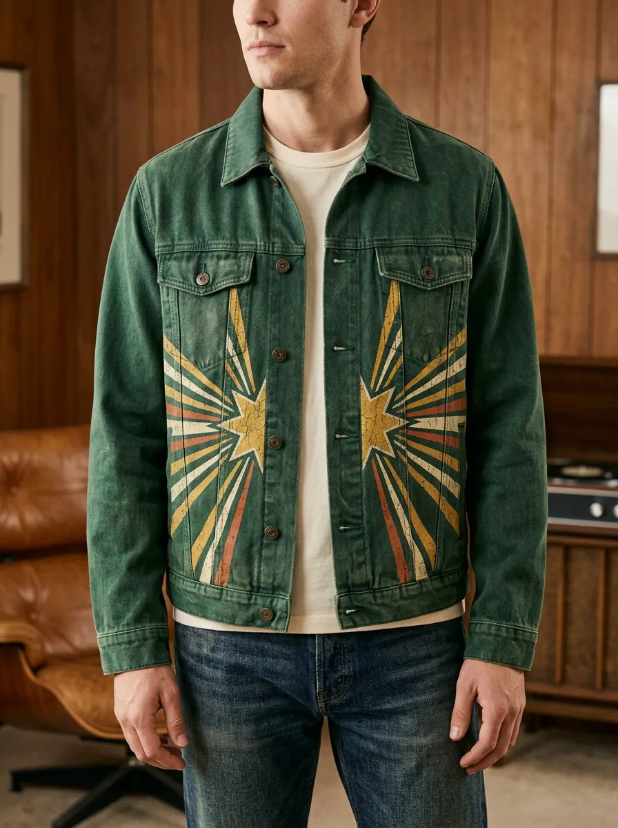 Men's Retro Starburst Graphic Printed Denim Jacket