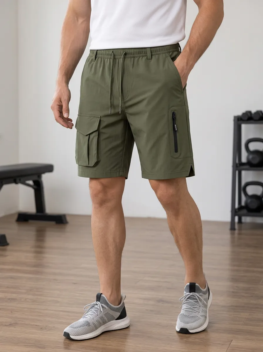 Men's Athletic Gym Olive Green Cargo Zipper Pocket Shorts
