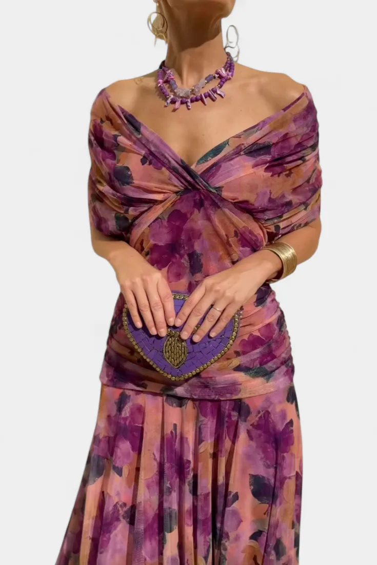  Off Shoulder V Neck Midi Dress