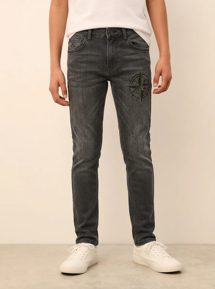 Men's Compass Graphic Gray Printed Stretch Jeans