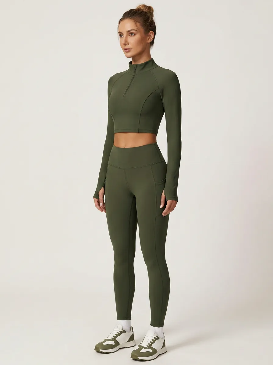 Women's Olive Green Quarter Zip Long Sleeve Yoga Crop Set