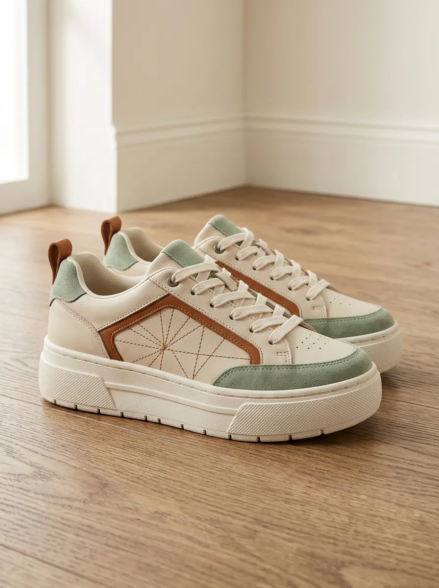 Women's Geometric Patchwork Sage Green Brown Stitched Sneakers
