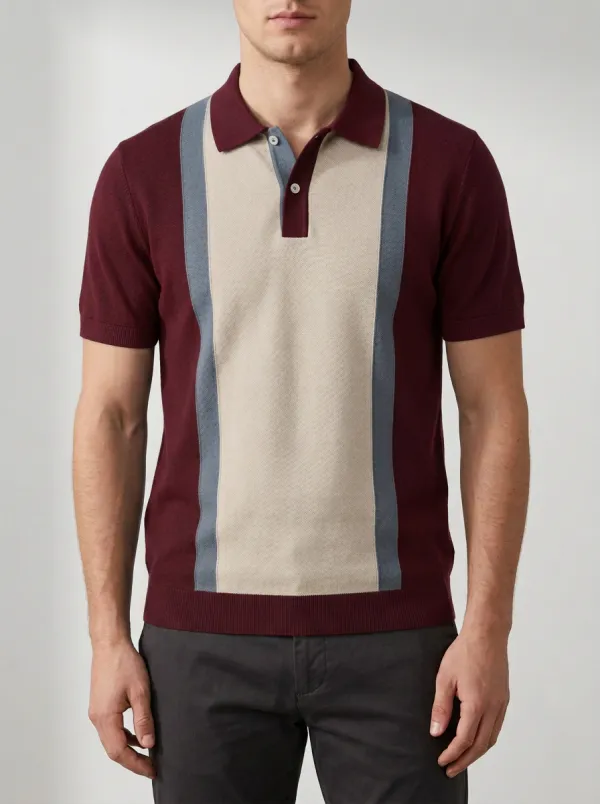Men's Vintage Retro Colorblock Striped Knit Polo Shirt