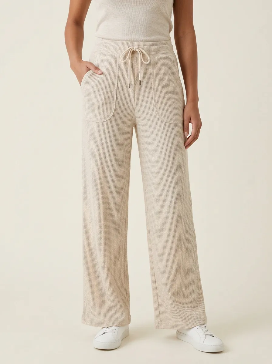 Women's Casual Beige Waffle Knit Drawstring Wide Leg Pants