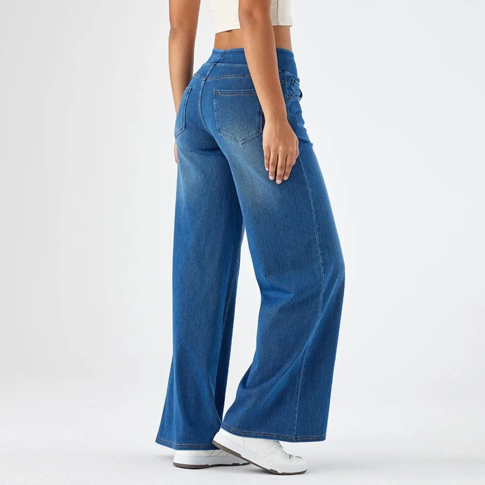2026🔥  High Waisted Multiple Pockets Baggy Wide Leg Washed Stretchy Knit Casual Jeans