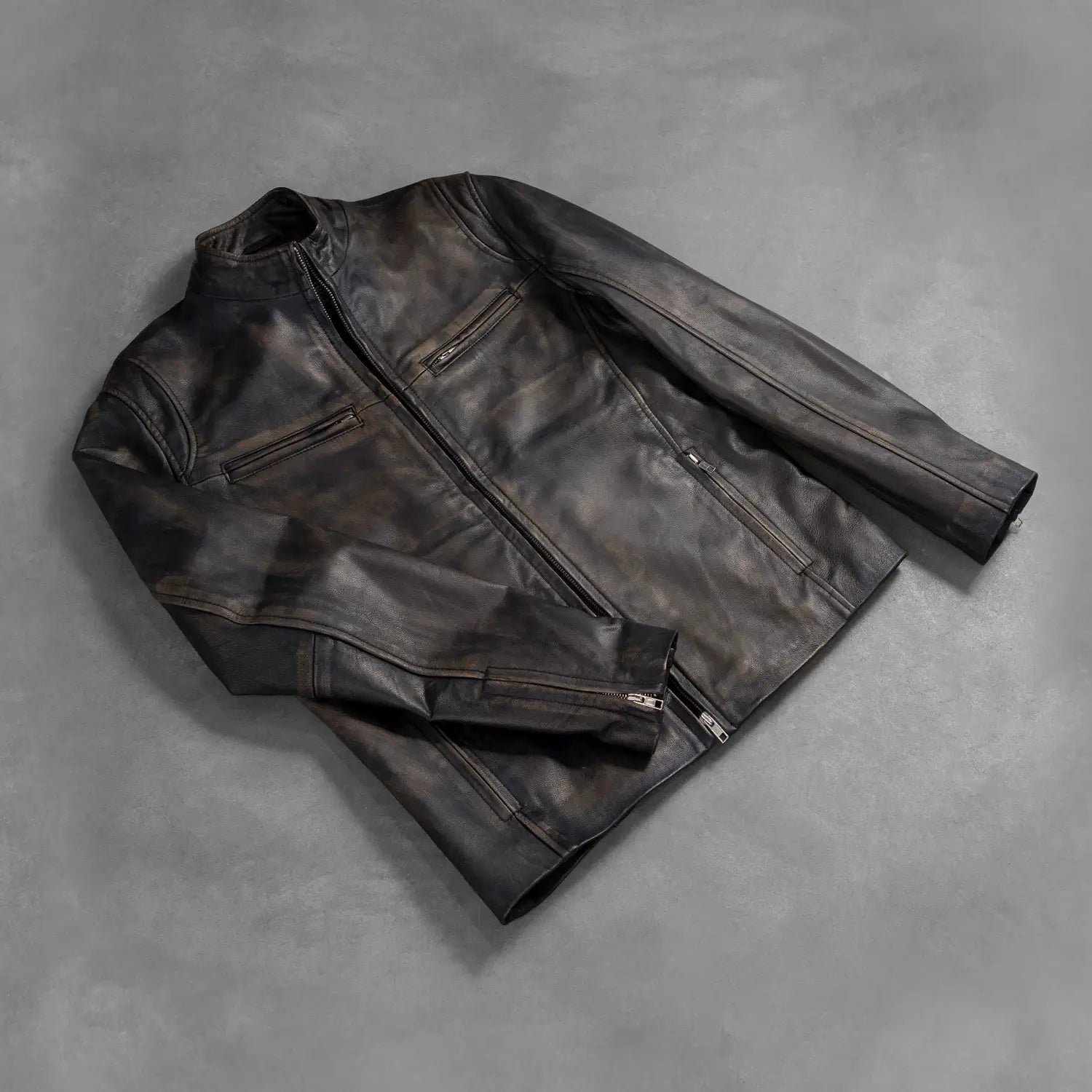 Men's Structured Biker Leather Distressed Jacket