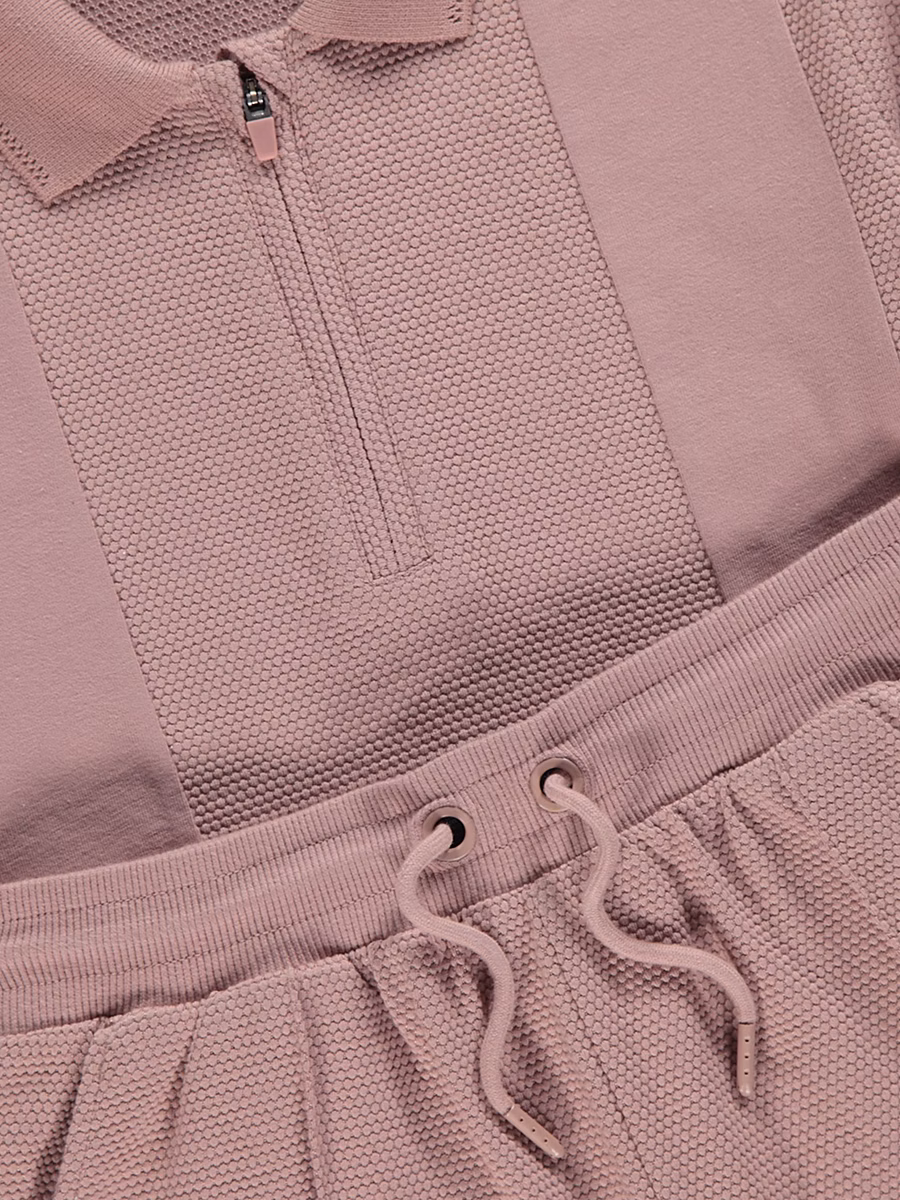 Dusty Pink Zip Up Polo Shirt and Shorts Outfit detail 1