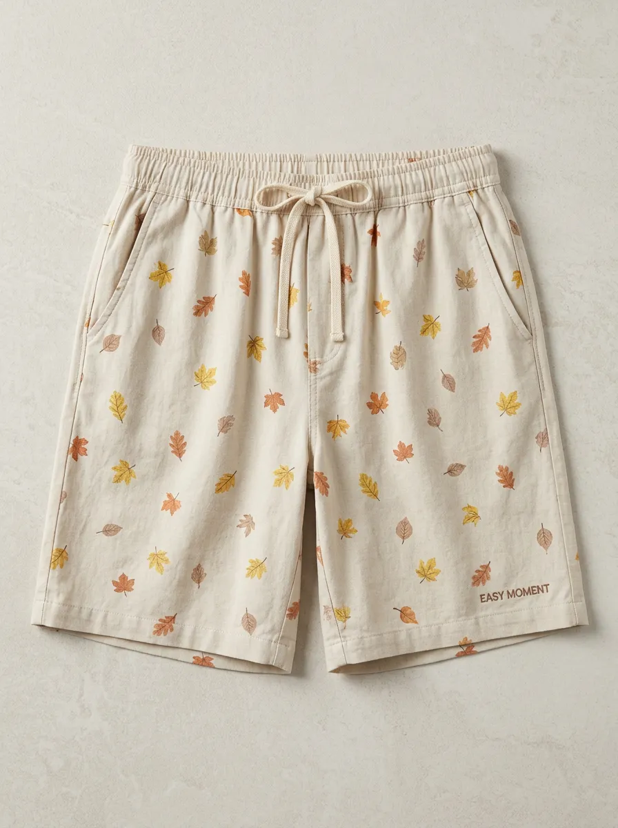 Leaf Print Elastic Waist Shorts