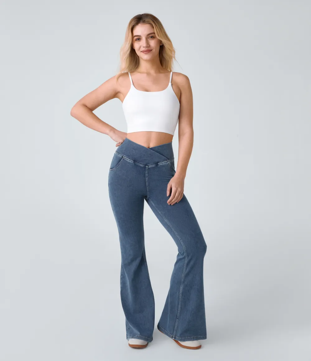 Magic High Waisted Crossover Pocket Cool Touch Washed Stretchy Knit Casual Super Flare Jeans