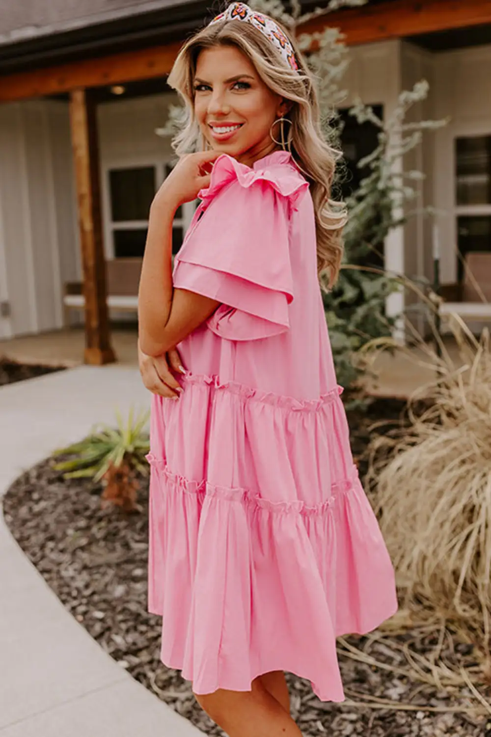 V Neck Layered Ruffled Sleeves Mini Dress