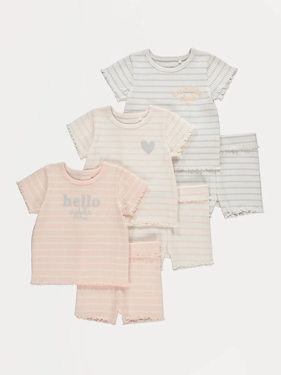 Stripe Ribbed Frill T-Shirt and Shorts Set 3 Pack