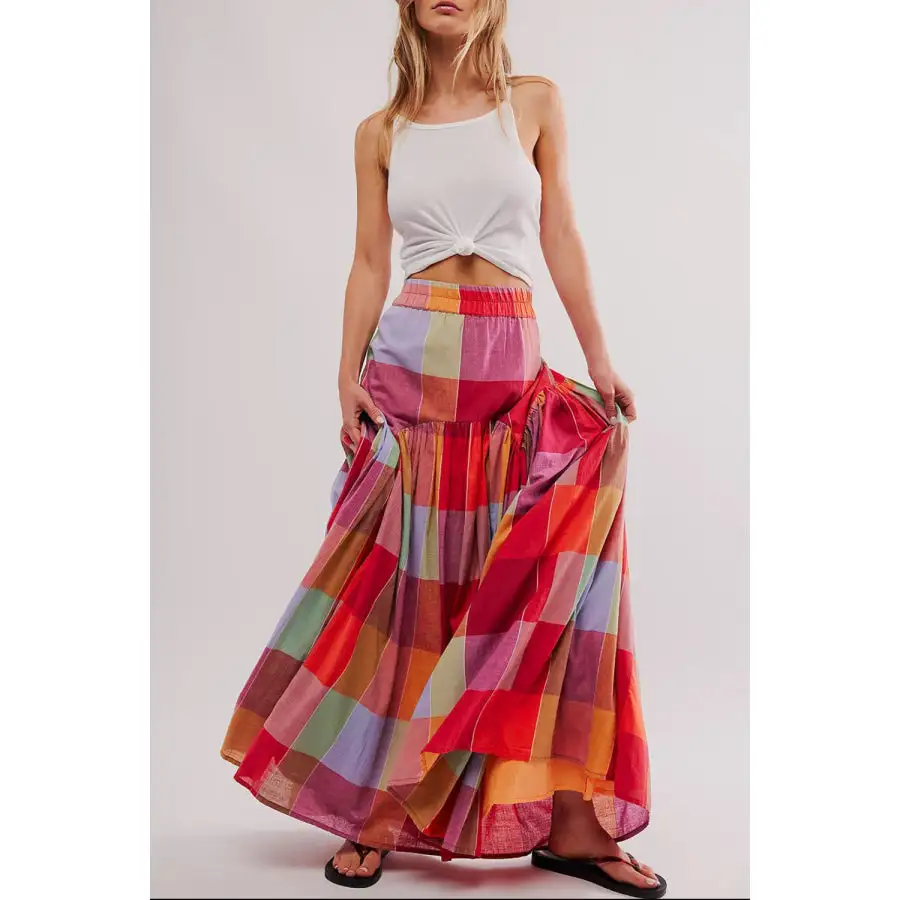 Color Block Elastic Waist Maxi Skirt