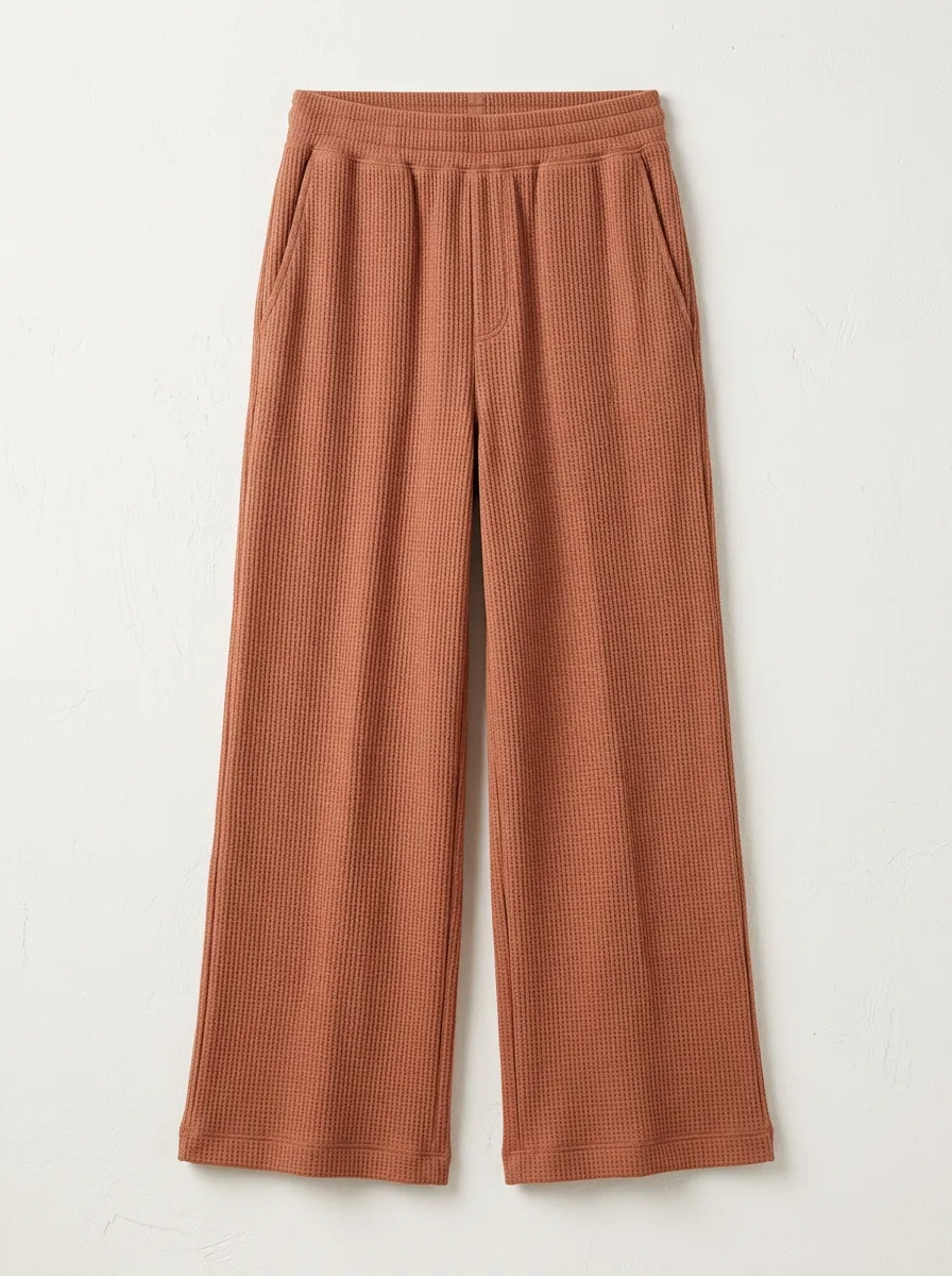 Unisex Casual Solid Rust Waffle Knit Wide Leg Pants