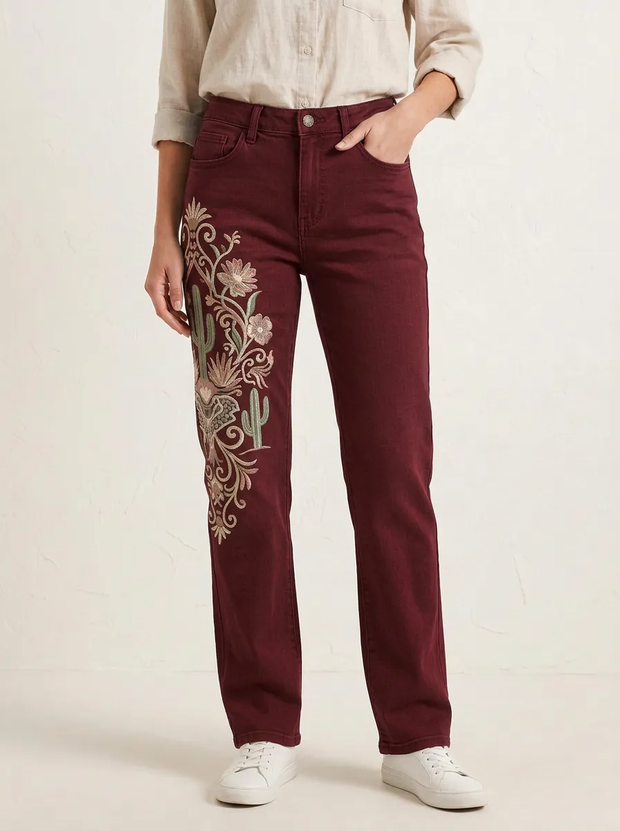 Women's Boho Style Cactus Floral Embroidered Printed Straight Leg Jeans