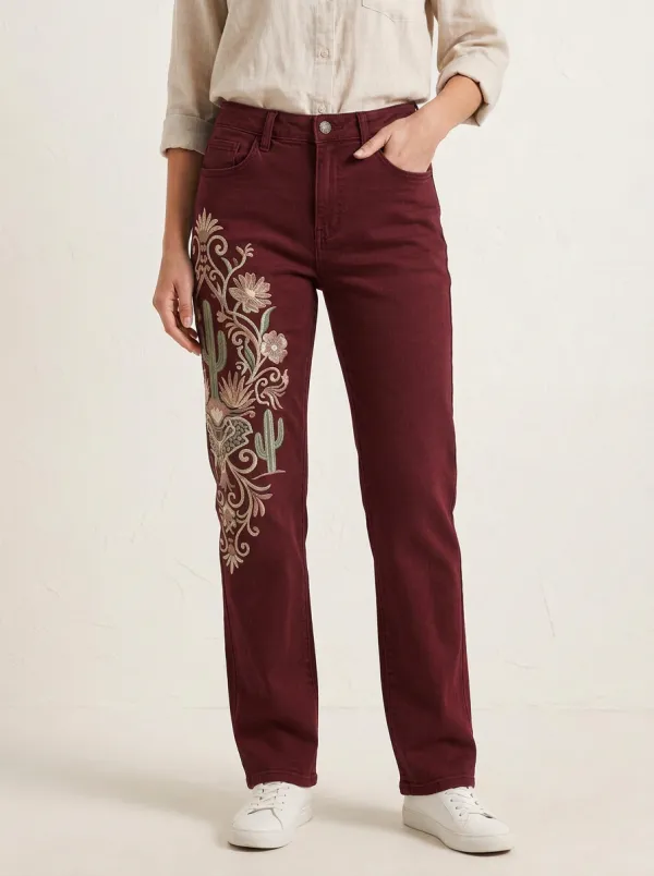 Women's Boho Style Cactus Floral Embroidered Printed Straight Leg Jeans