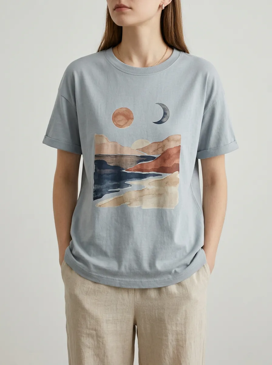 Women's Boho Sun Moon Landscape Graphic T-Shirt