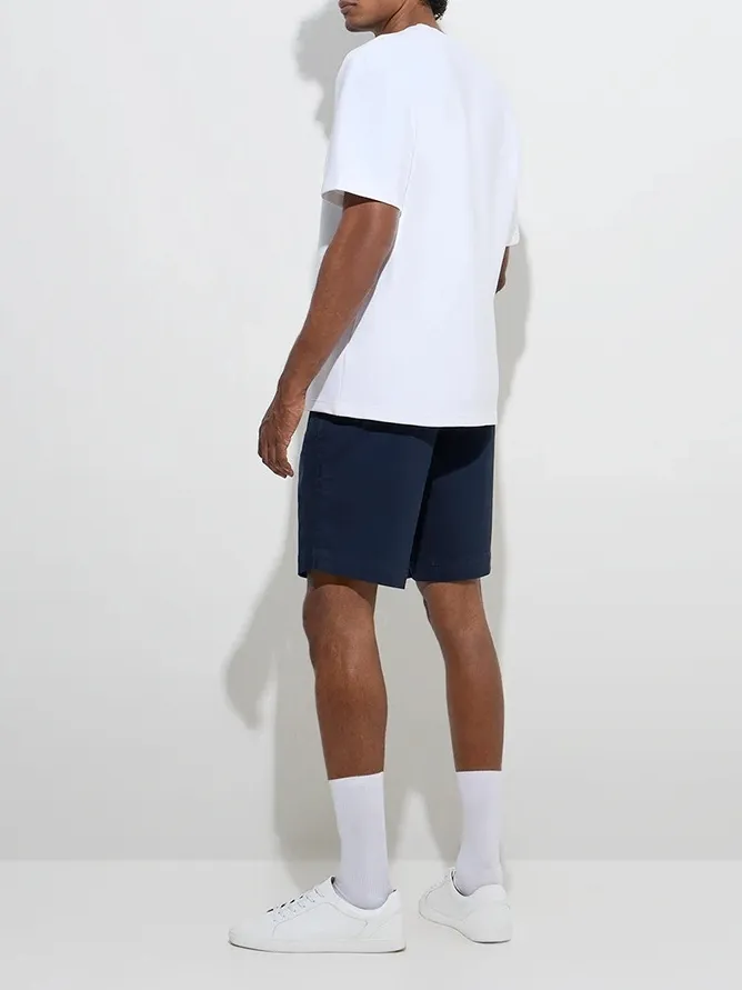 Navy Loose Mid-Waist Cotton-Blend Shorts