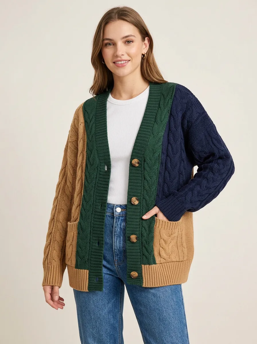 Women's Colorblock Cable Knit Cardigan Button-Front Colorblock