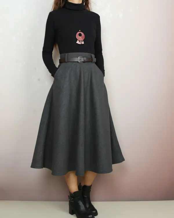 Belted Wool Maxi Skirt