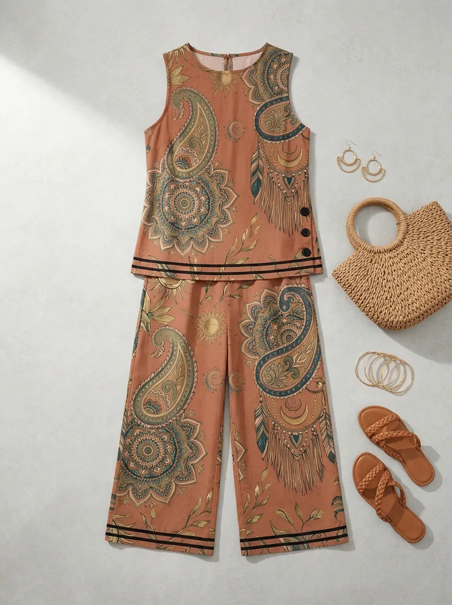 Women's Bohemian Paisley Mandala Printed Sleeveless Set