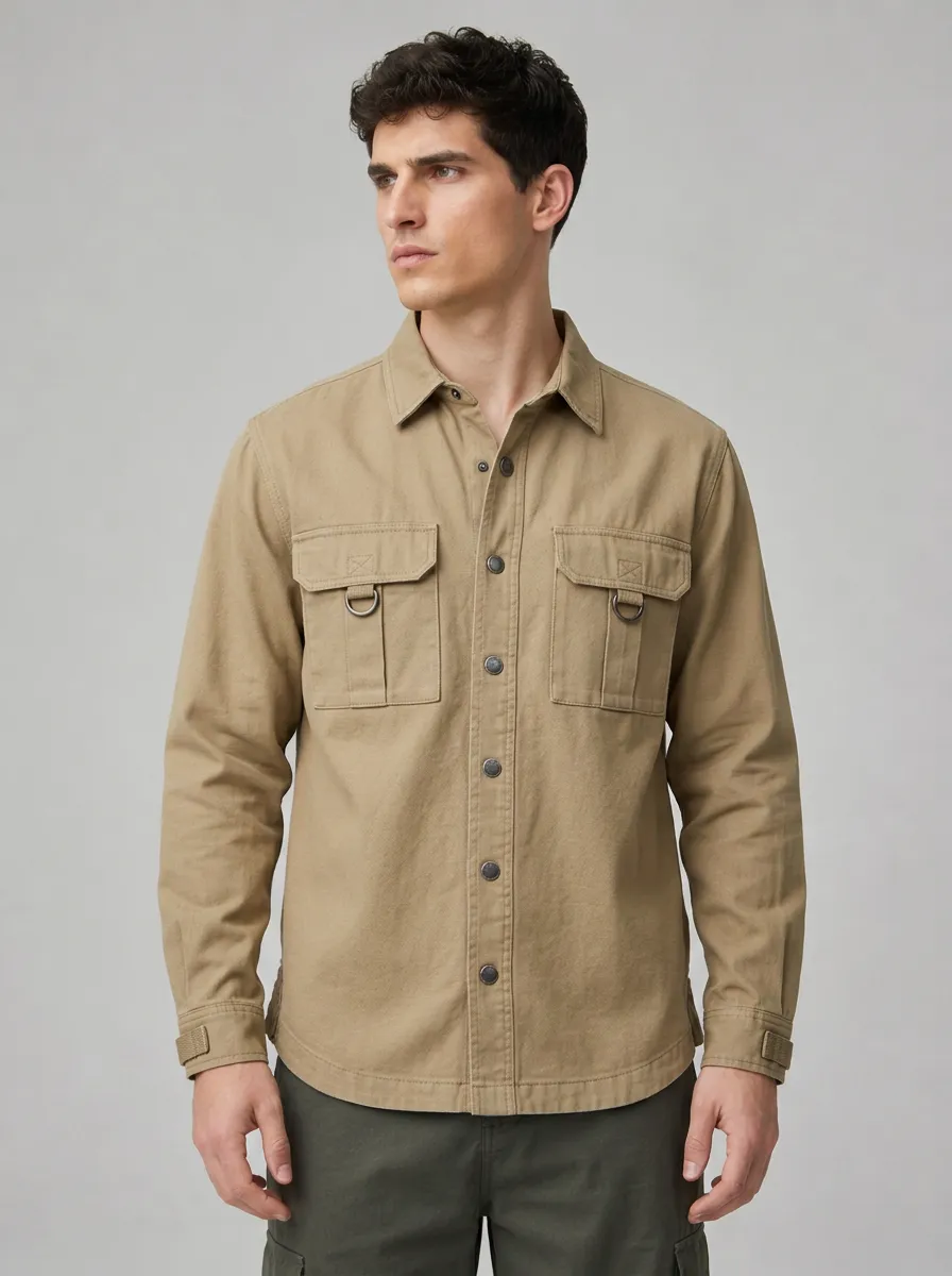 Men's Tactical Outdoor Khaki Multi-Pocket Button-Down Shirt