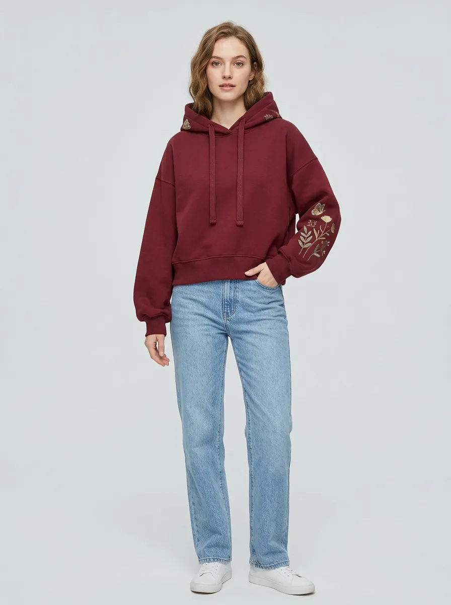 Modern Casual Women's Botanical Floral Butterfly Graphic Sleeve Hoodie