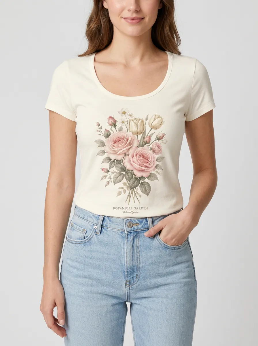 Women's Botanical Garden Rose Floral Printed T-shirt