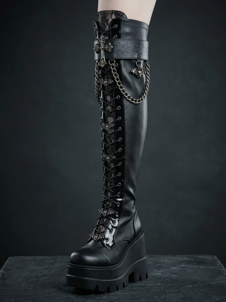 Modern Gothic Bat Cross Lace Look Women's Gothic Platform Boots