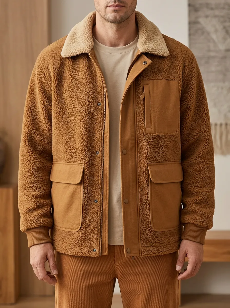 Men's Practical Brown Pocket Detail Sherpa Fleece Casual Jacket