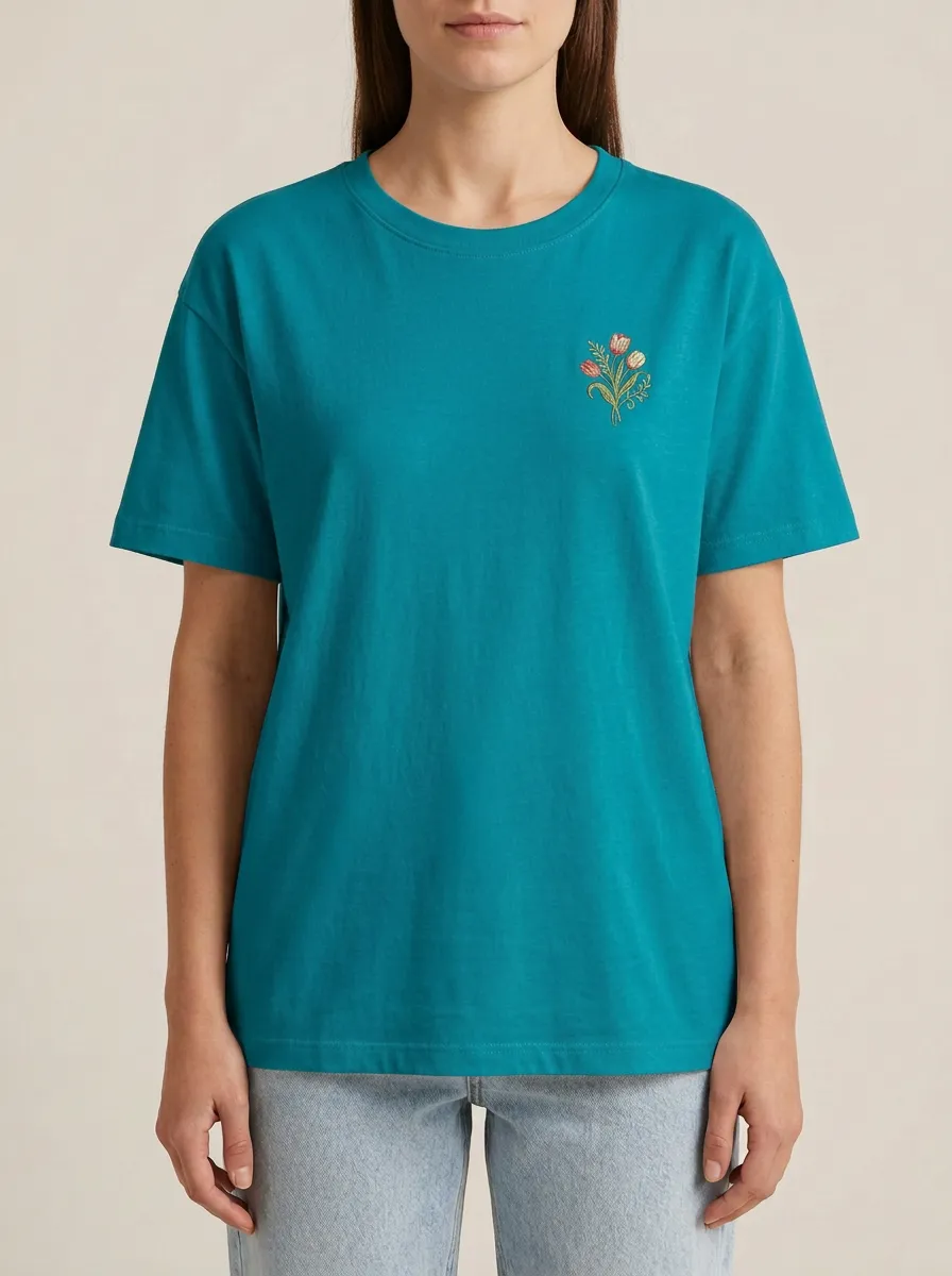 Women's Floral Tulip Bouquet Embroidered Crewneck T-Shirt