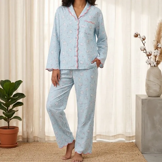 Cat Print Scalloped Cotton Pajama Set