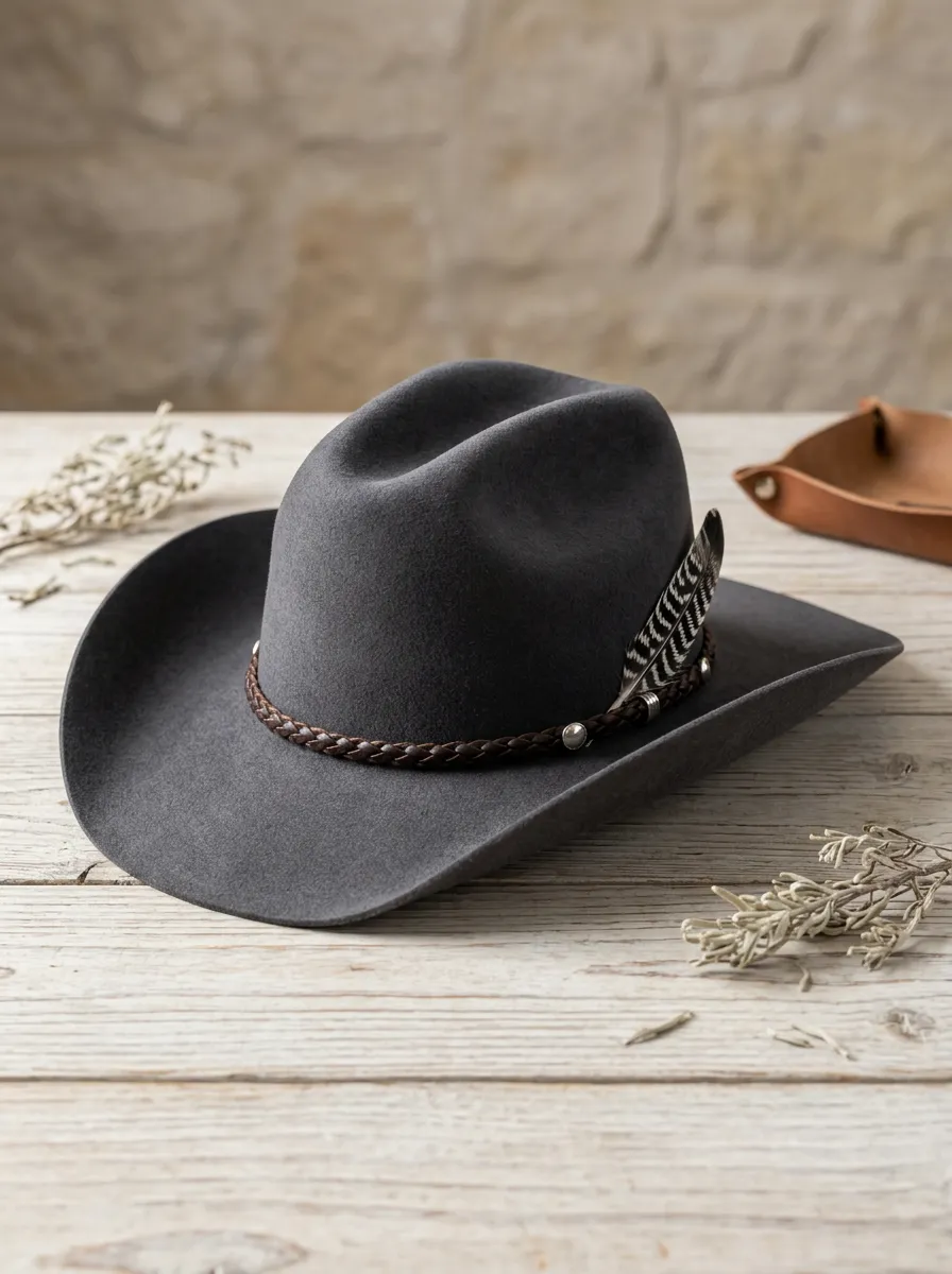 Unisex Felt Cowboy Hat with Feather Detail and Braided Band