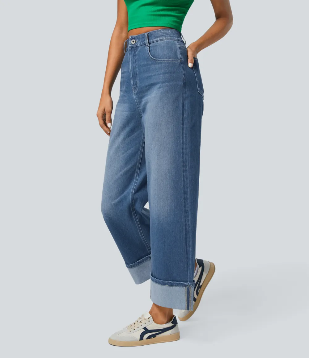Magic High Waisted Multiple Pockets Rolled Hem Wide Leg Washed Stretchy Knit Casual Jeans