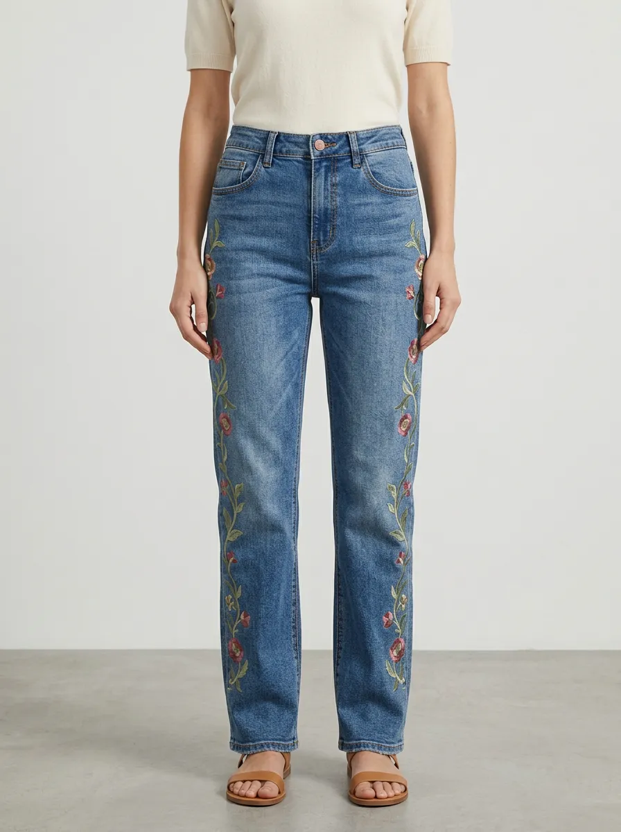 Women's Medium Wash Floral Rose Embroidered High-Rise Straight Leg Jeans