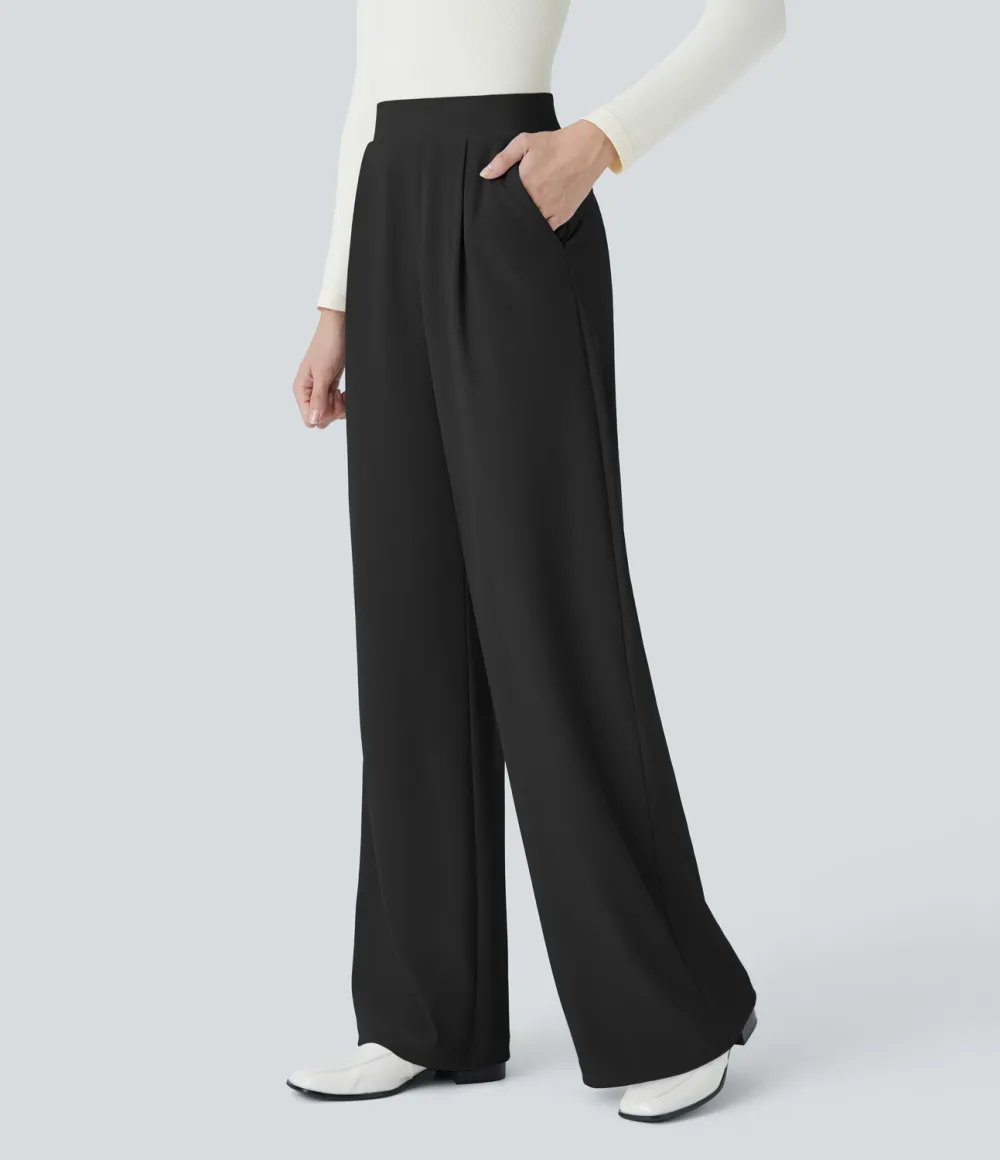  High Waisted Body Sculpt Waist-Slimming Side Pocket Wide Leg Micro Waffle Work Pants