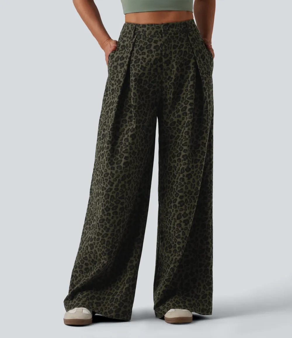 Pantalon large décontracté imprimé léopard taille mi-haute avec poches