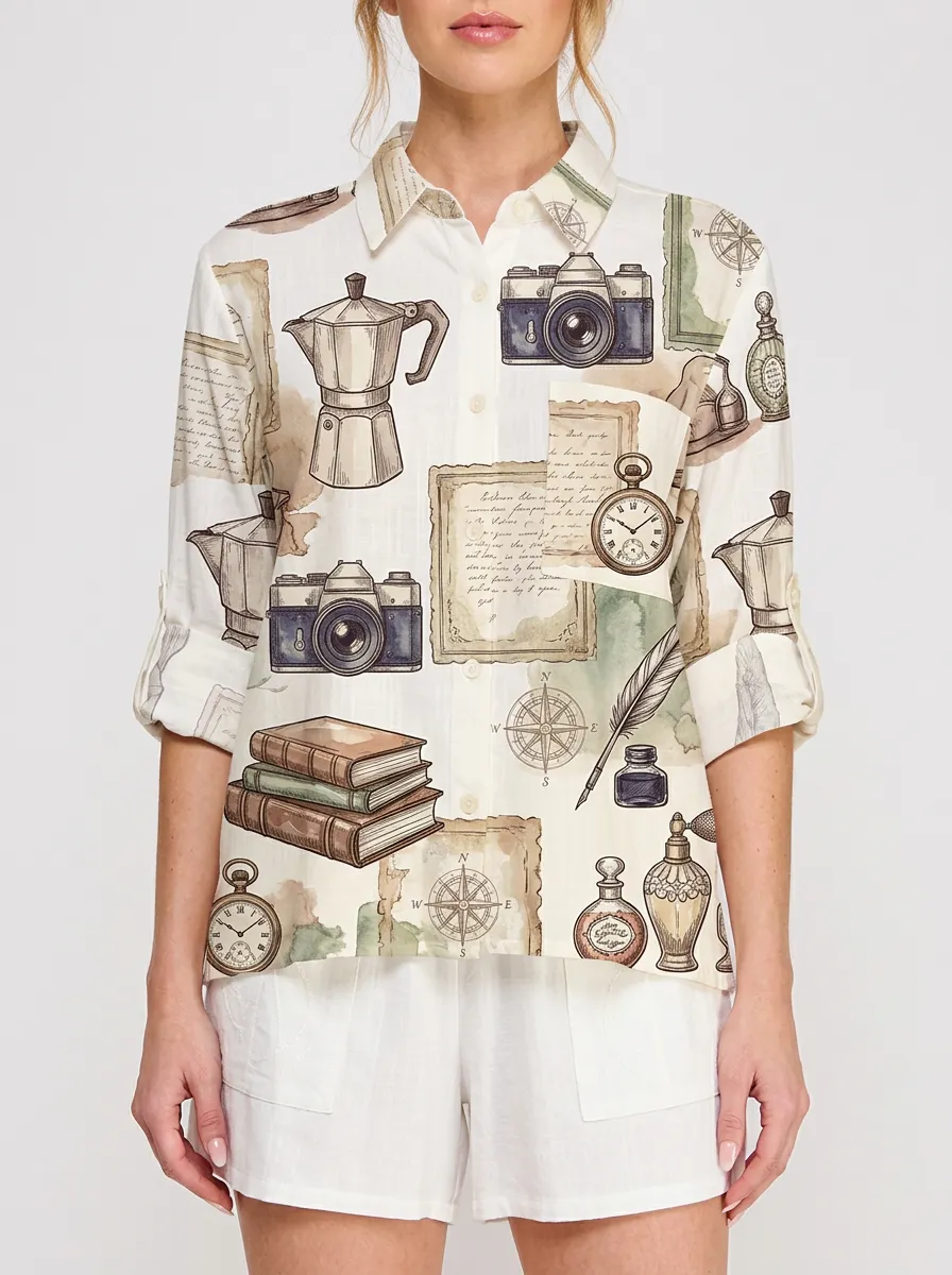 Women's Vintage Travel Hobby Camera Books Printed Button-up Shirt