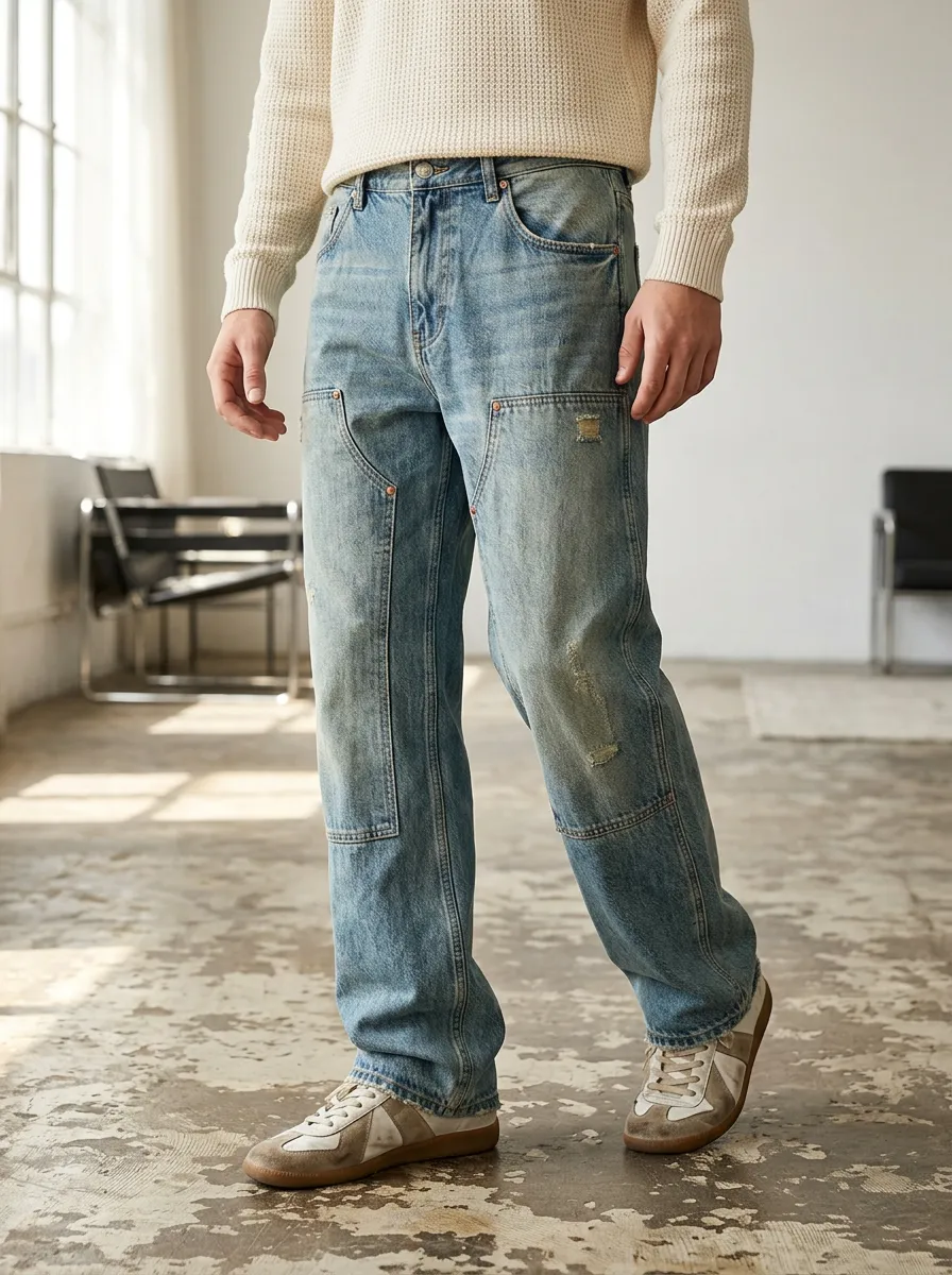 Men's Vintage Distressed Patchwork Washed Denim Jeans