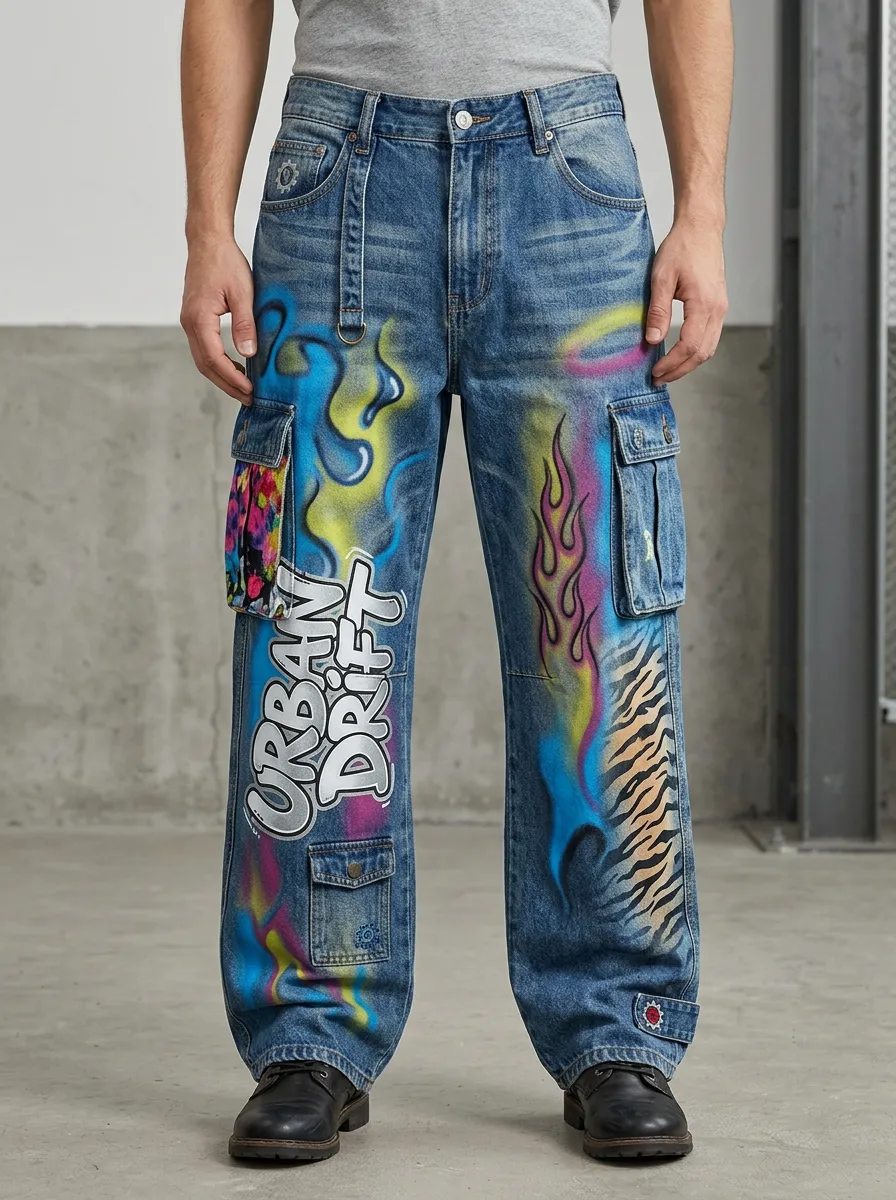 Men's Streetwear Urban Drift Graffiti Flame Graphic Cargo Jeans