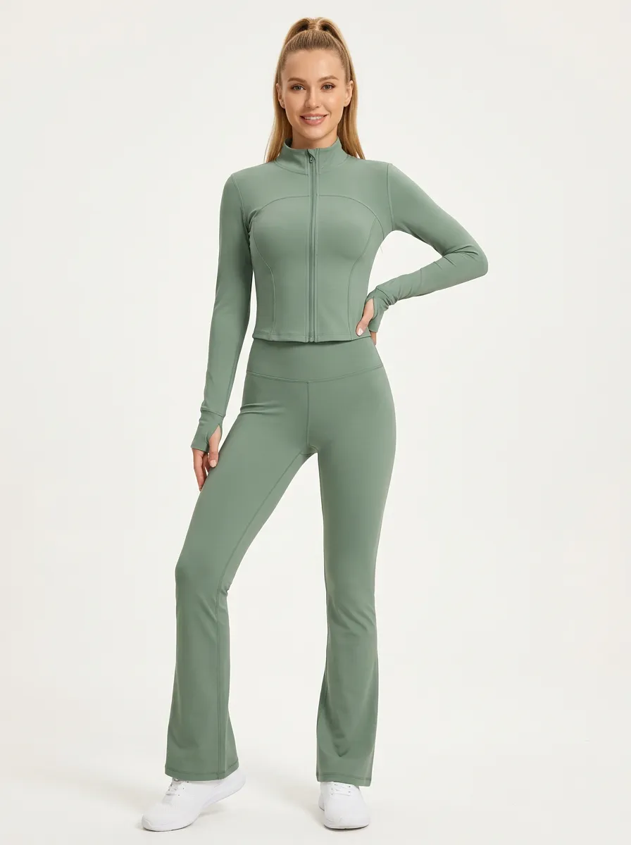 Women's Sage Sculpted Seam Mock Neck Jacket and Flare Pants Set