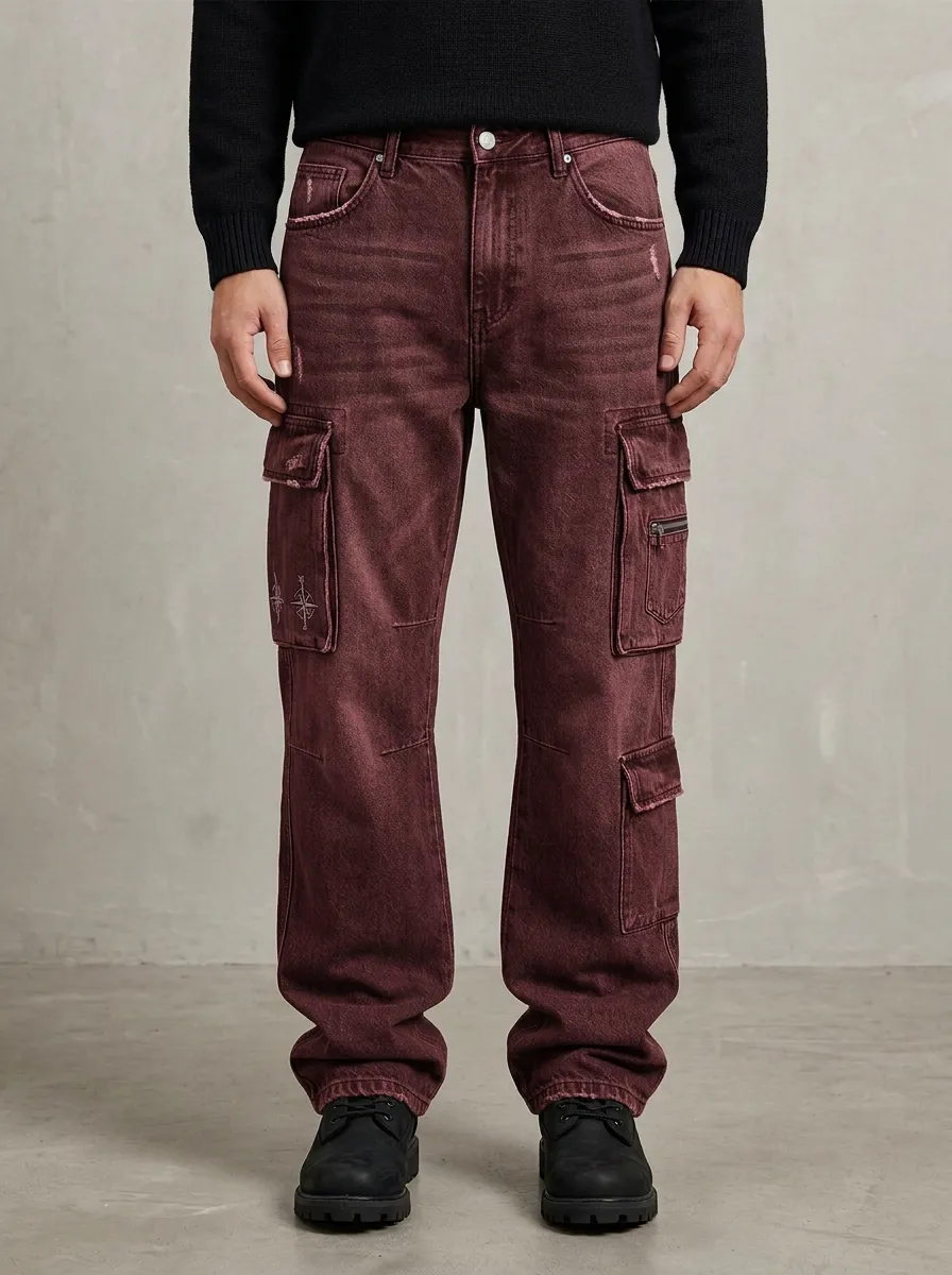 Men's Compass Graphic Distressed Washed Denim Cargo Jeans