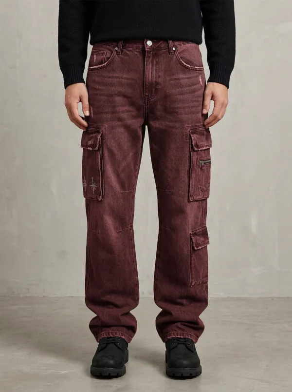 Men's Compass Graphic Distressed Washed Denim Cargo Jeans