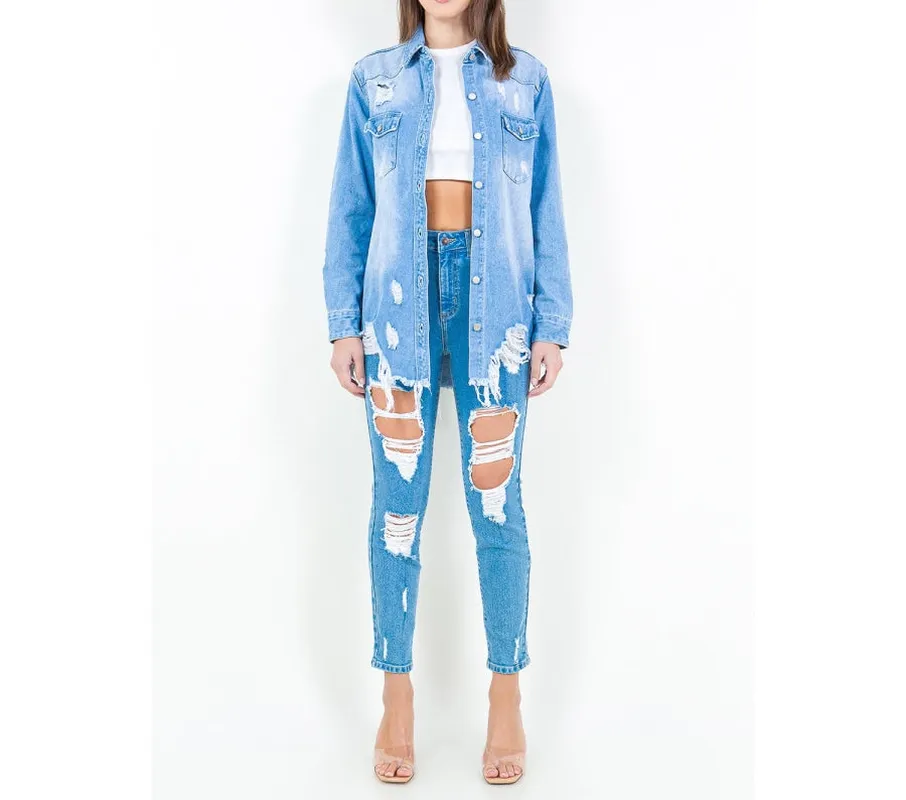 Frayed Hem Distressed Denim Shirt Jacket