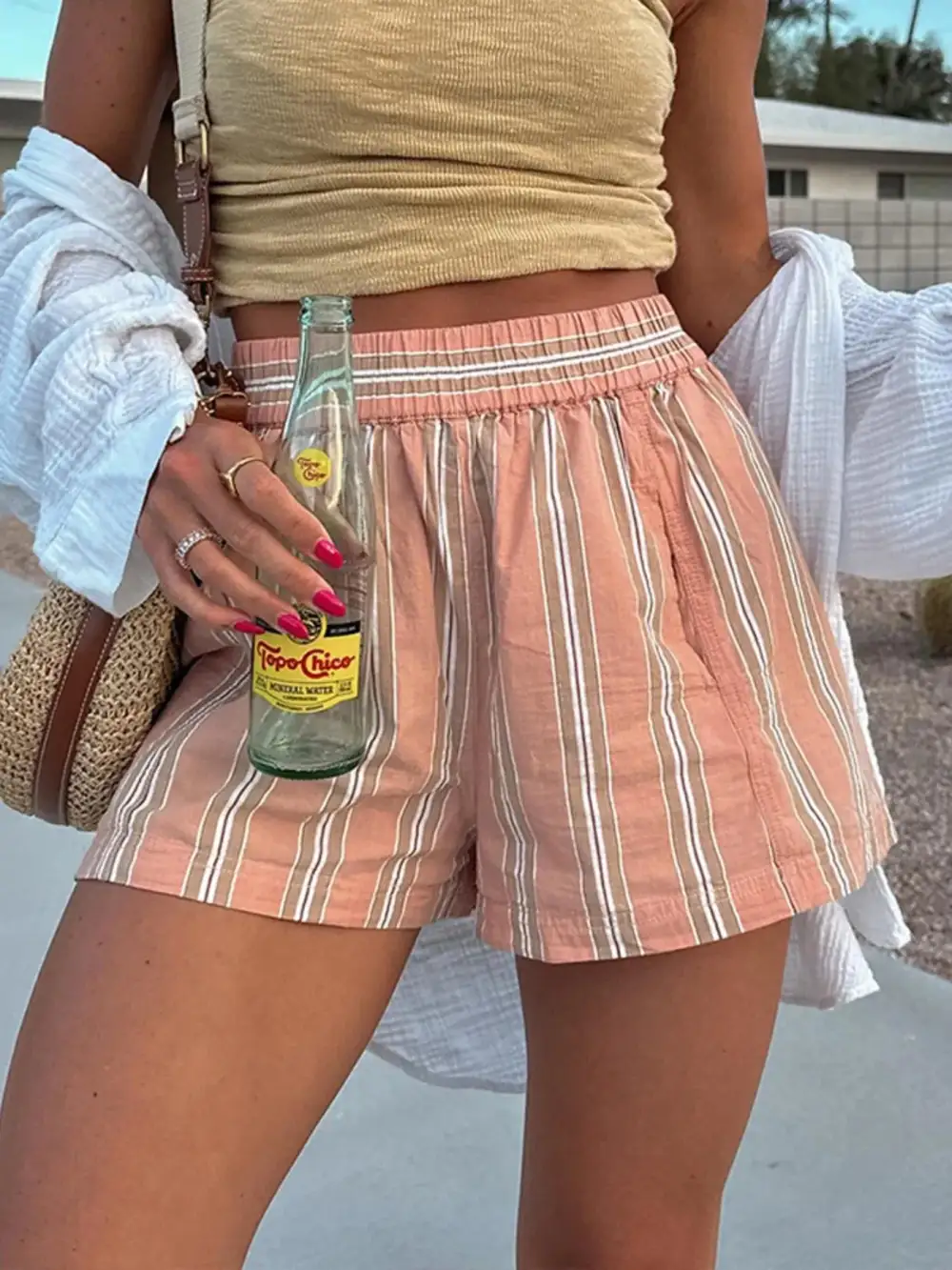 Striped High Waist Linen Blend Shorts