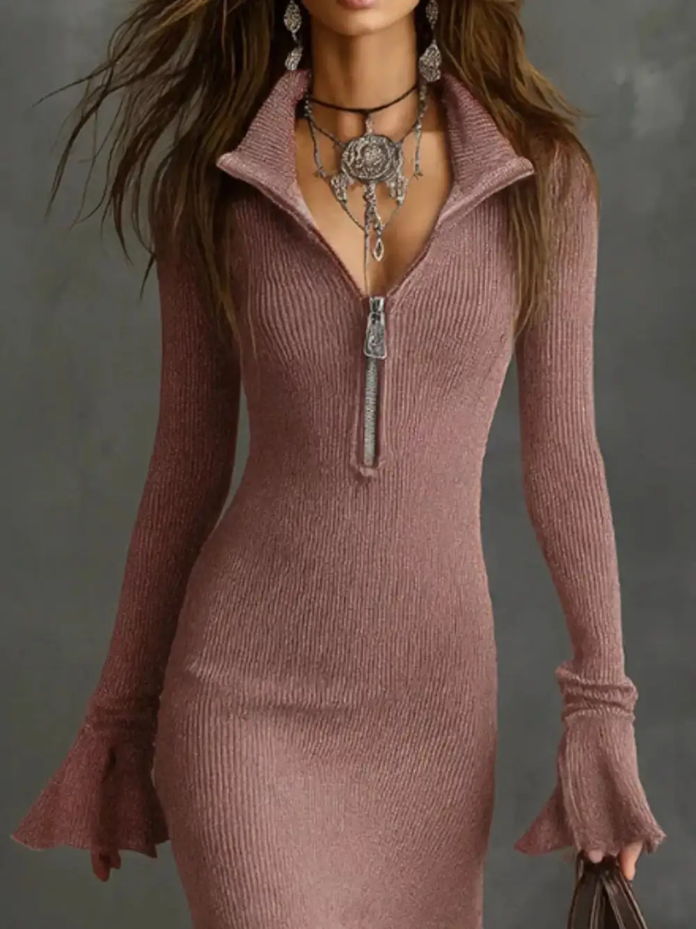 Ribbed Knit Zip Front Midi Dress